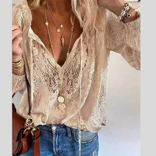 Lace Tie Neck Long Sleeve Blouse