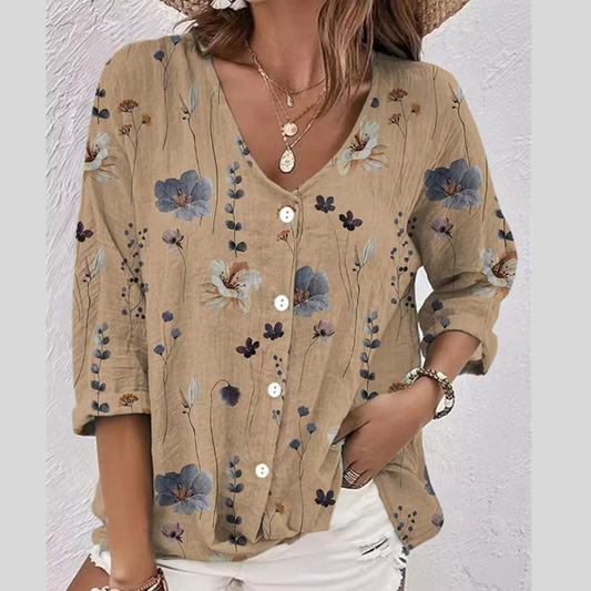 Floral Print V-Neck Button-Down Shirt