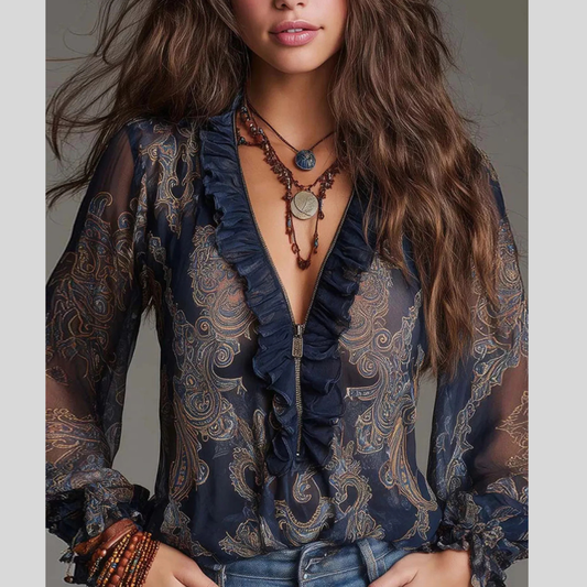Full Size Paisley Print Ruffle Trim Zip-Front Blouse Plus Size
