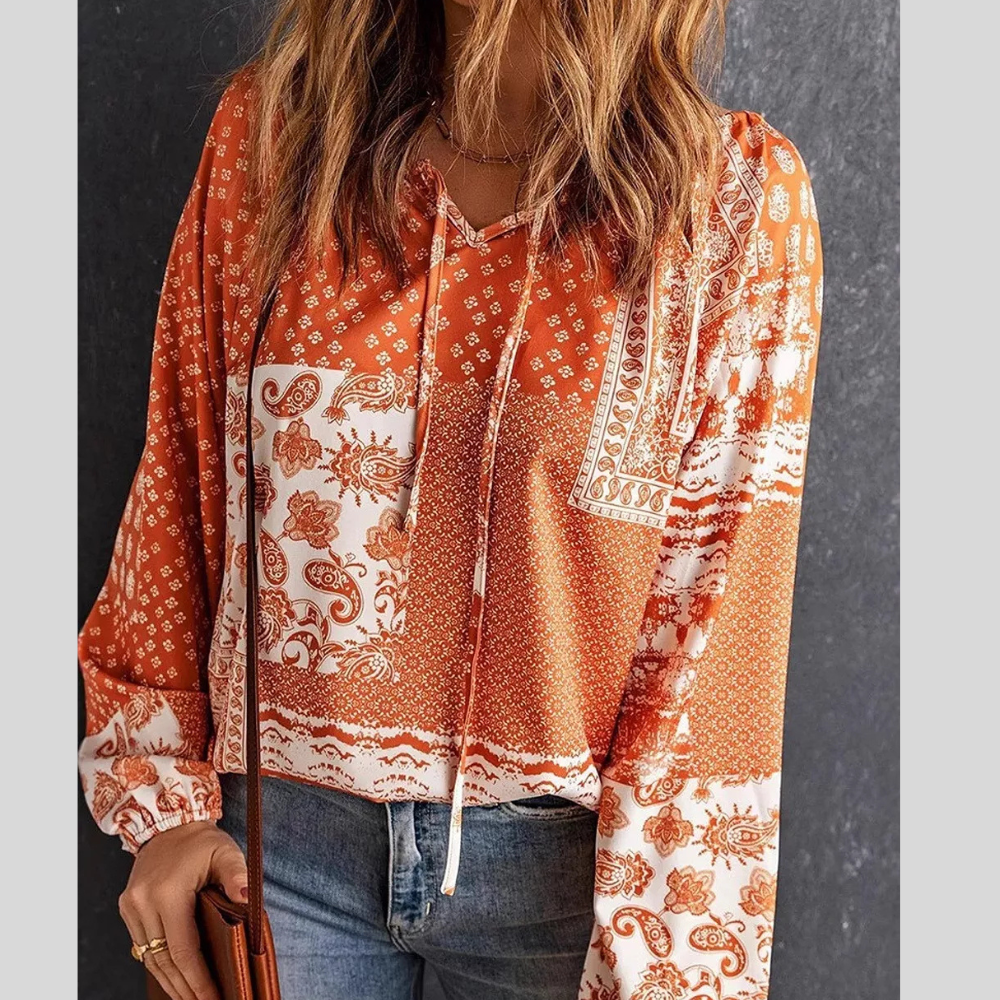 Full Size Paisley Print Tie-Neck Long Sleeve Blouse Plus Size