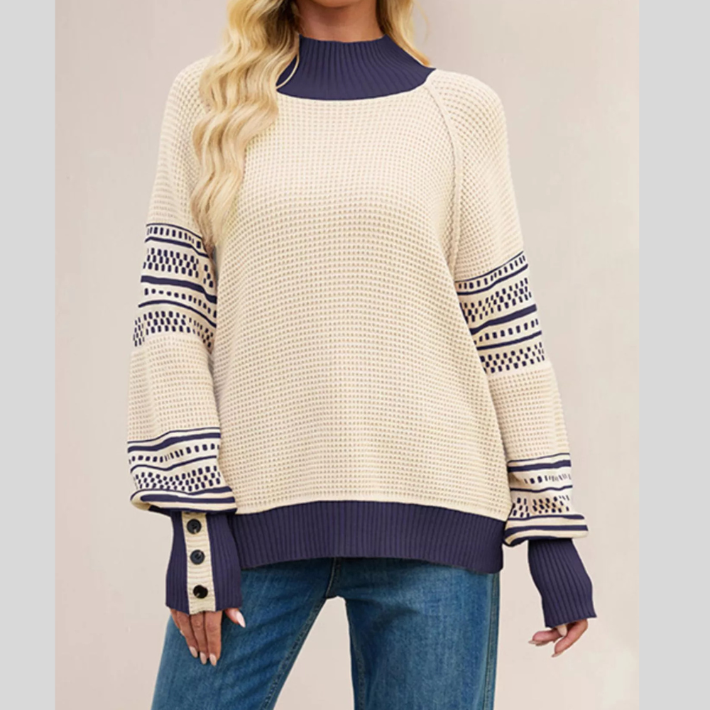 Color-Block Mock Neck Waffle Knit Sweater