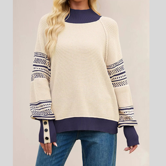 Color-Block Mock Neck Waffle Knit Sweater
