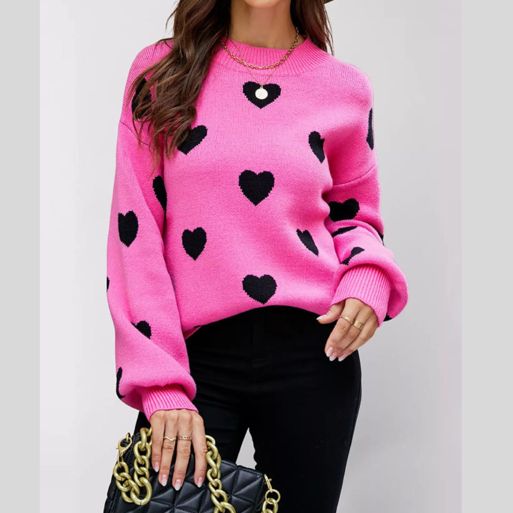 Heart-Patterned Dropped Shoulder Sweater