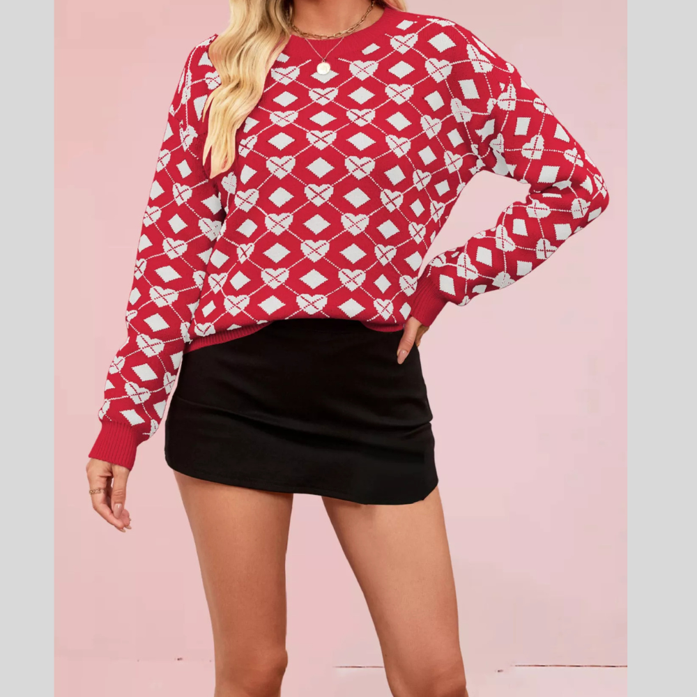 Heart Pattern Argyle Knit Long Sleeve Sweater