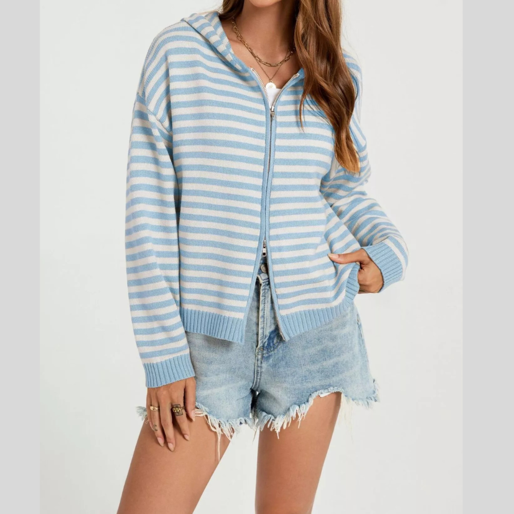 Striped Hooded Zip-Up Knit Cardigan