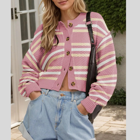 Cropped Striped Button-Down Knit Cardigan