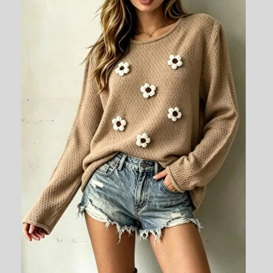 Full Size Floral Applique Textured Knit Sweater Plus Size