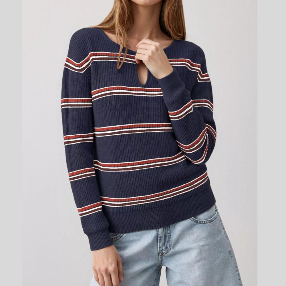 Striped Ribbed Knit Top with Keyhole Neckline