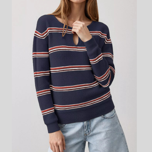 Striped Ribbed Knit Top with Keyhole Neckline