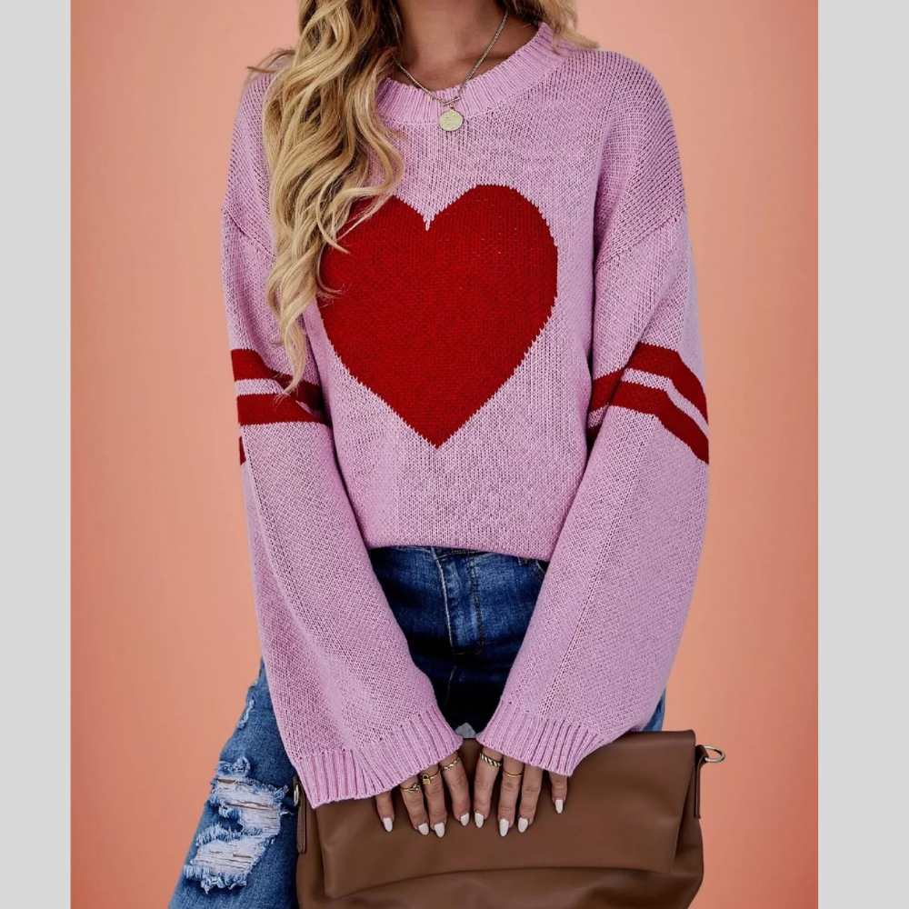 Heart Pattern Casual Dropped Shoulder Sweater