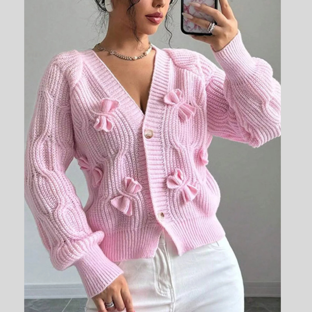 Bow Cable Knit V-Neck Cardigan