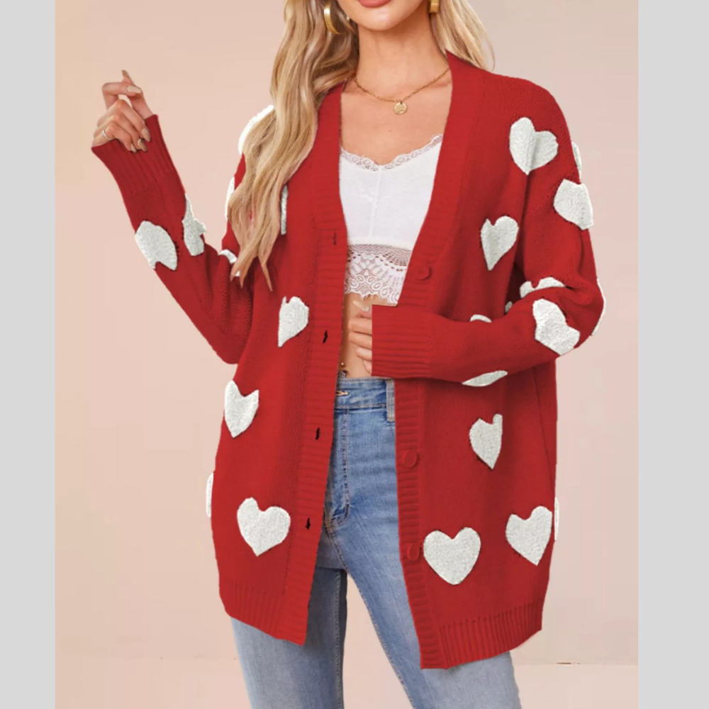 Heart Pattern V-Neck Button-Down Knit Cardigan
