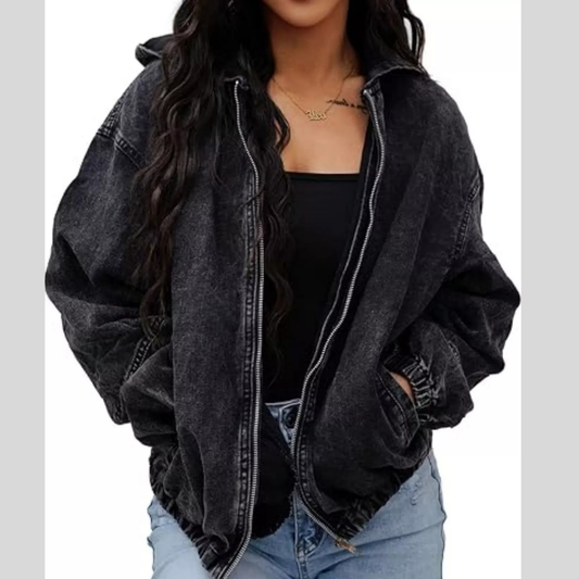 Vintage Washed Zip Up Hooded Denim Jacket