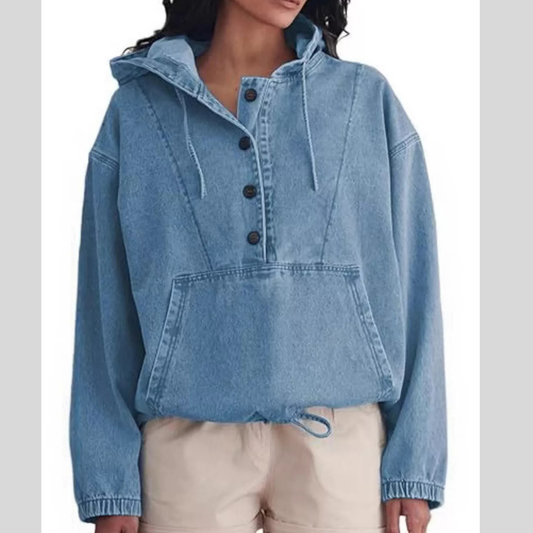 Casual Hooded Kangaroo Pocket Denim Jacket