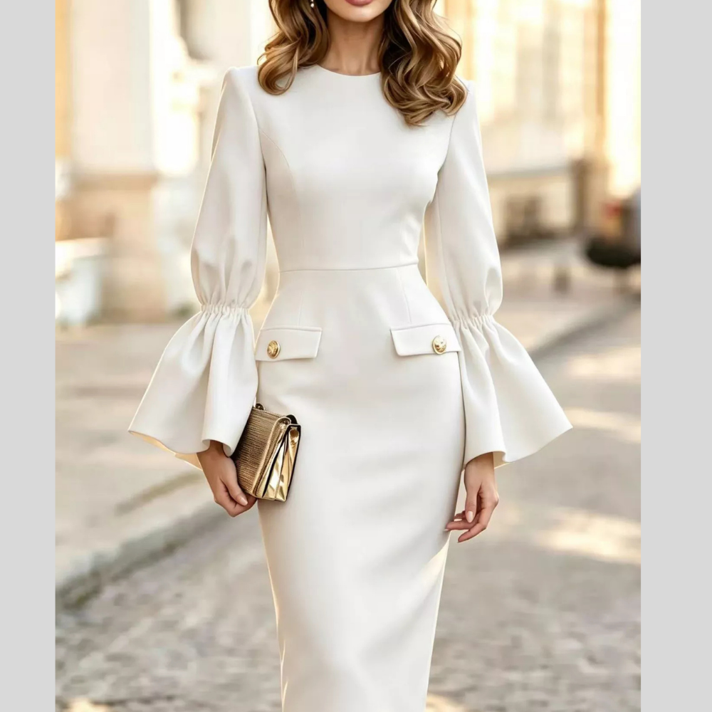 Slit Round Neck Flare Sleeve Dress