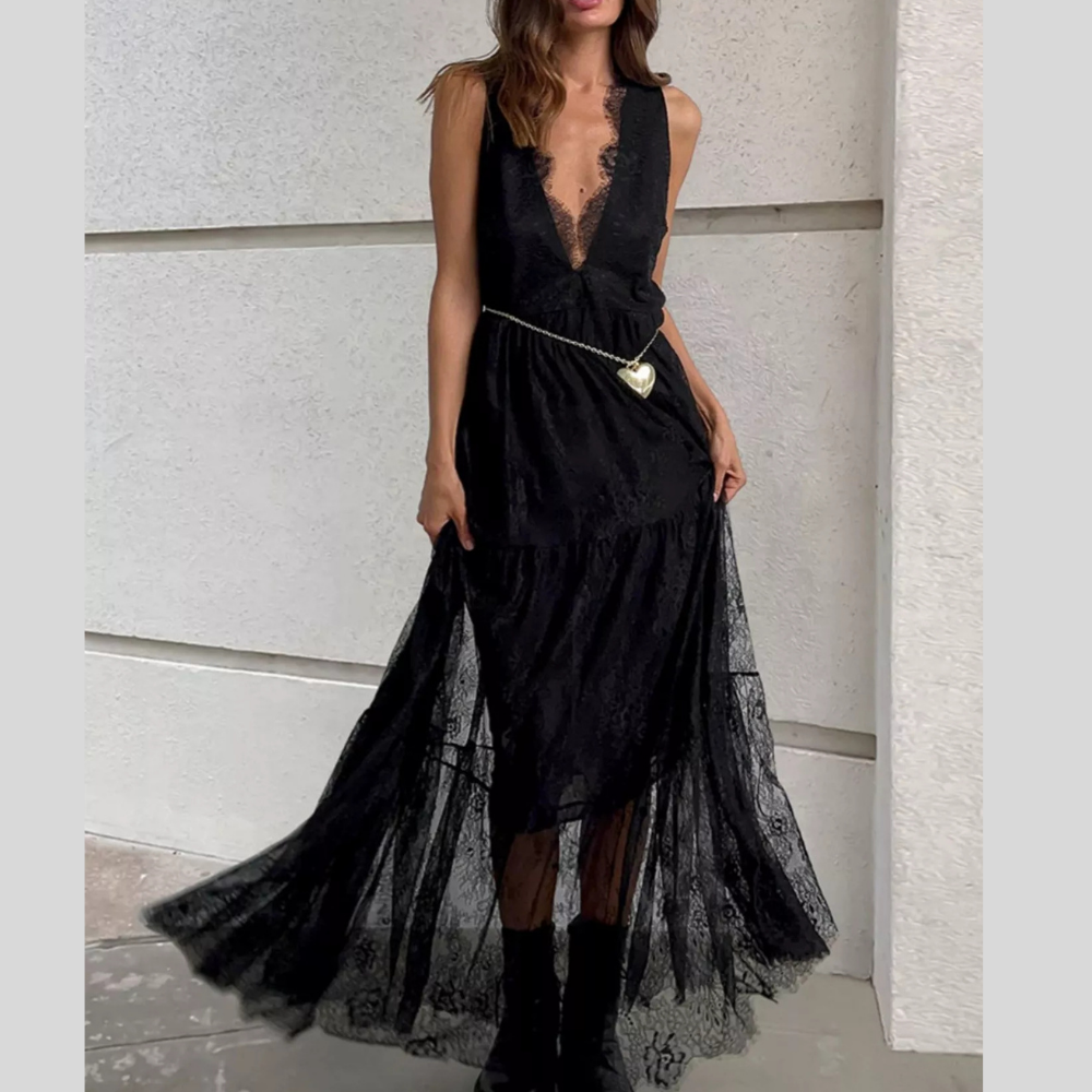Lace V-Neck Casual Sleeveless Maxi Dress