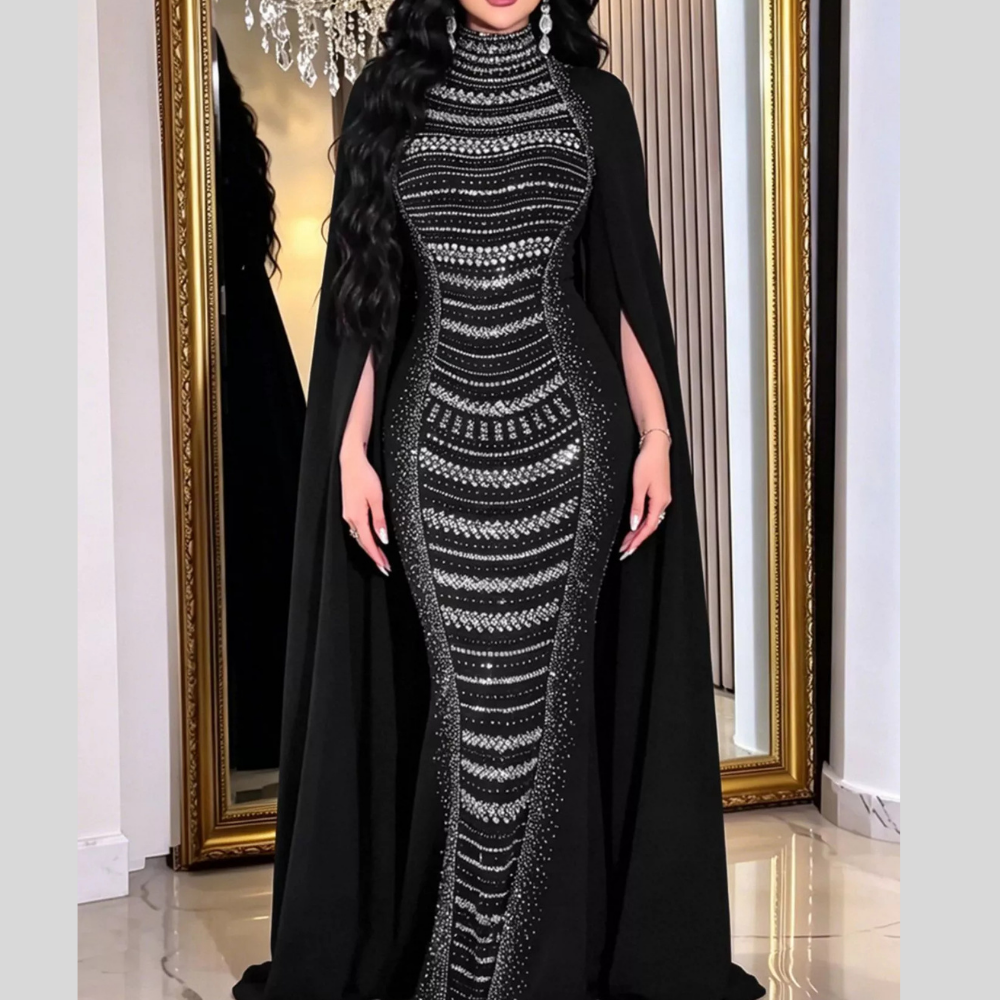 Rhinestone Slit Flare Sleeve Cape Maxi Dress