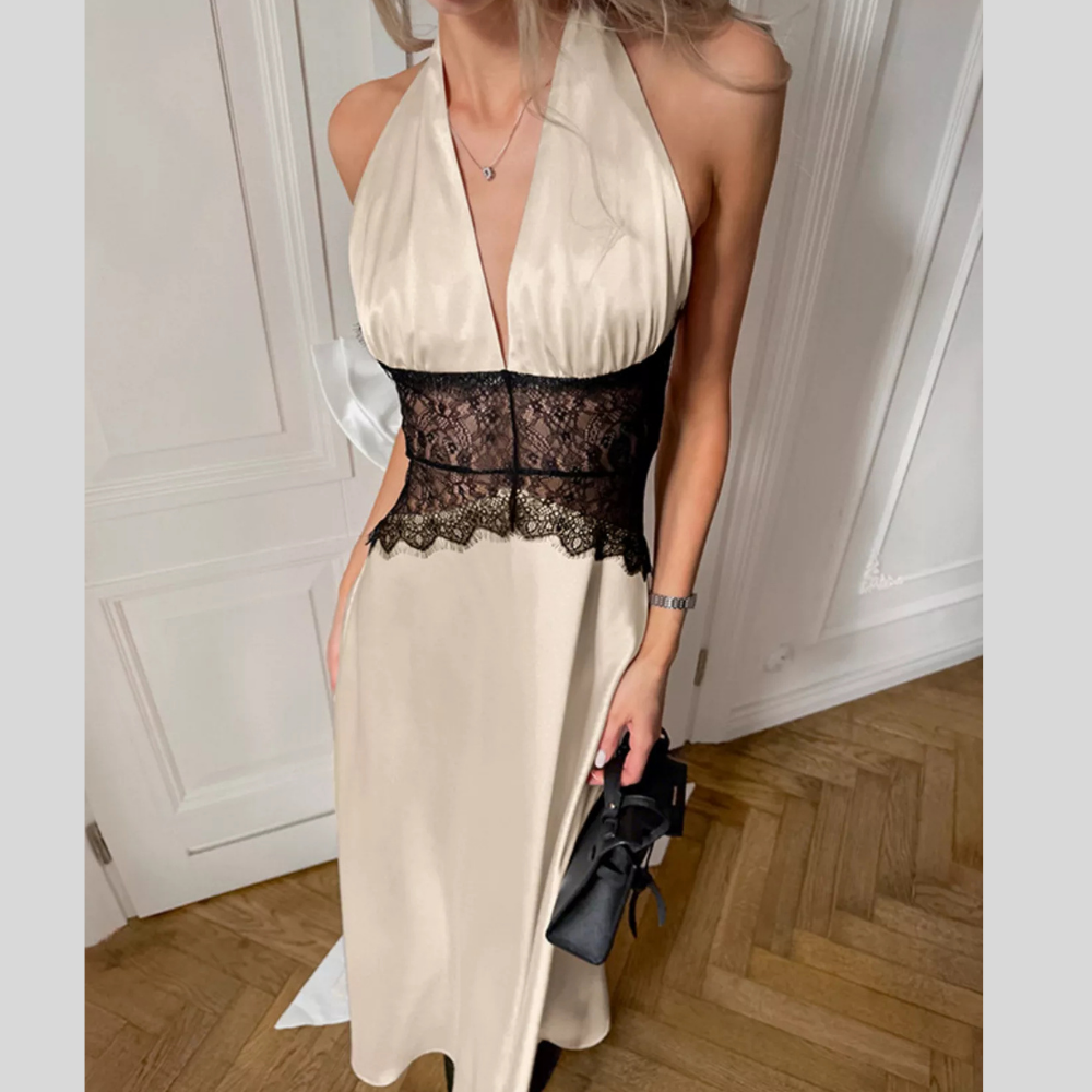 Halter Neck Lace Waist Maxi Dress