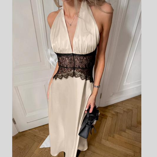 Halter Neck Lace Waist Maxi Dress