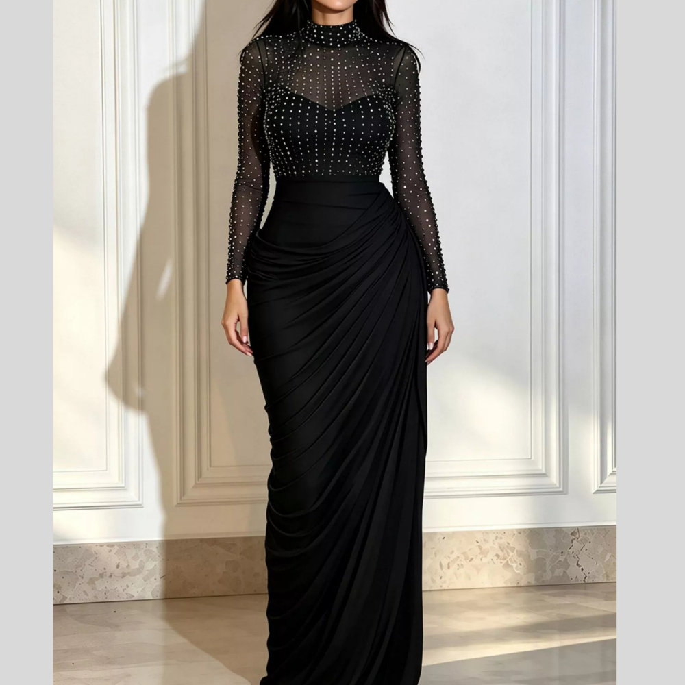 Rhinestone Mock Neck Ruched Maxi Dress