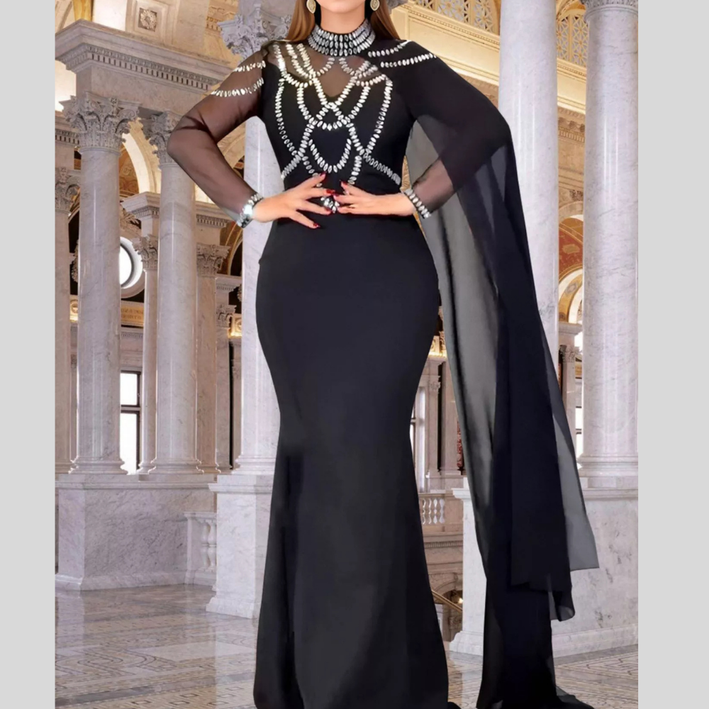 Rhinestone Slit Maxi Dress with Sheer Cape Sleeves