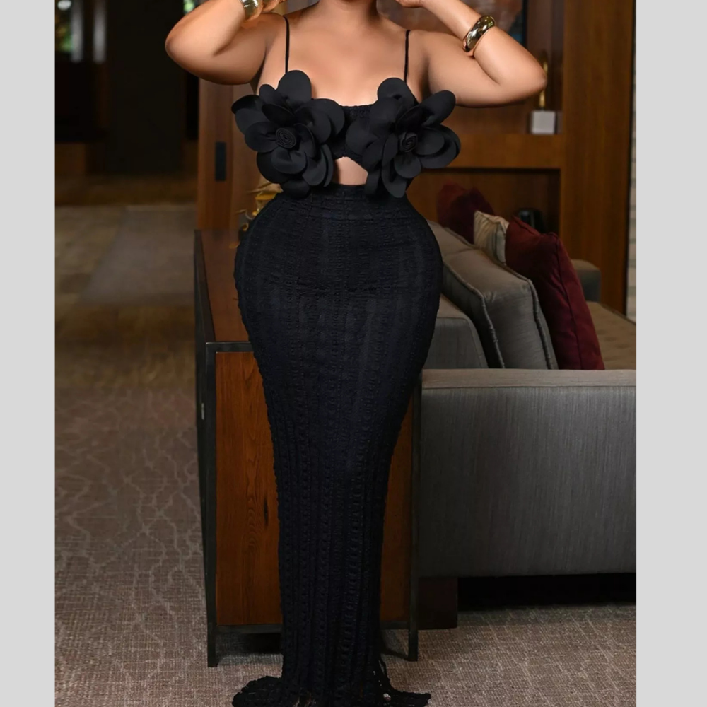 3D Flower Cutout Spaghetti Strap Bodycon Maxi Dress