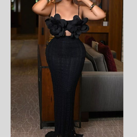 3D Flower Cutout Spaghetti Strap Bodycon Maxi Dress