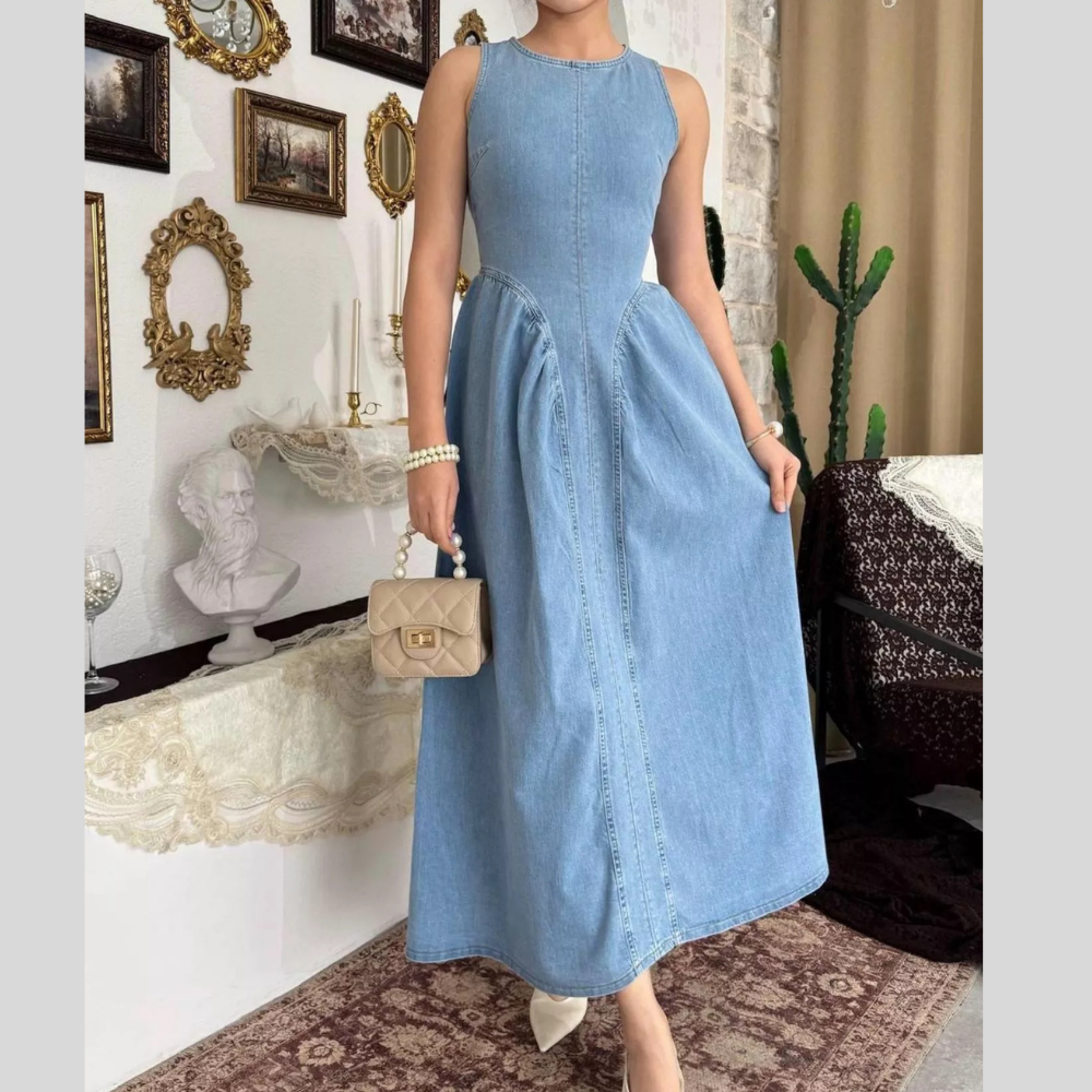 Sleeveless A-Line Denim Midi Dress