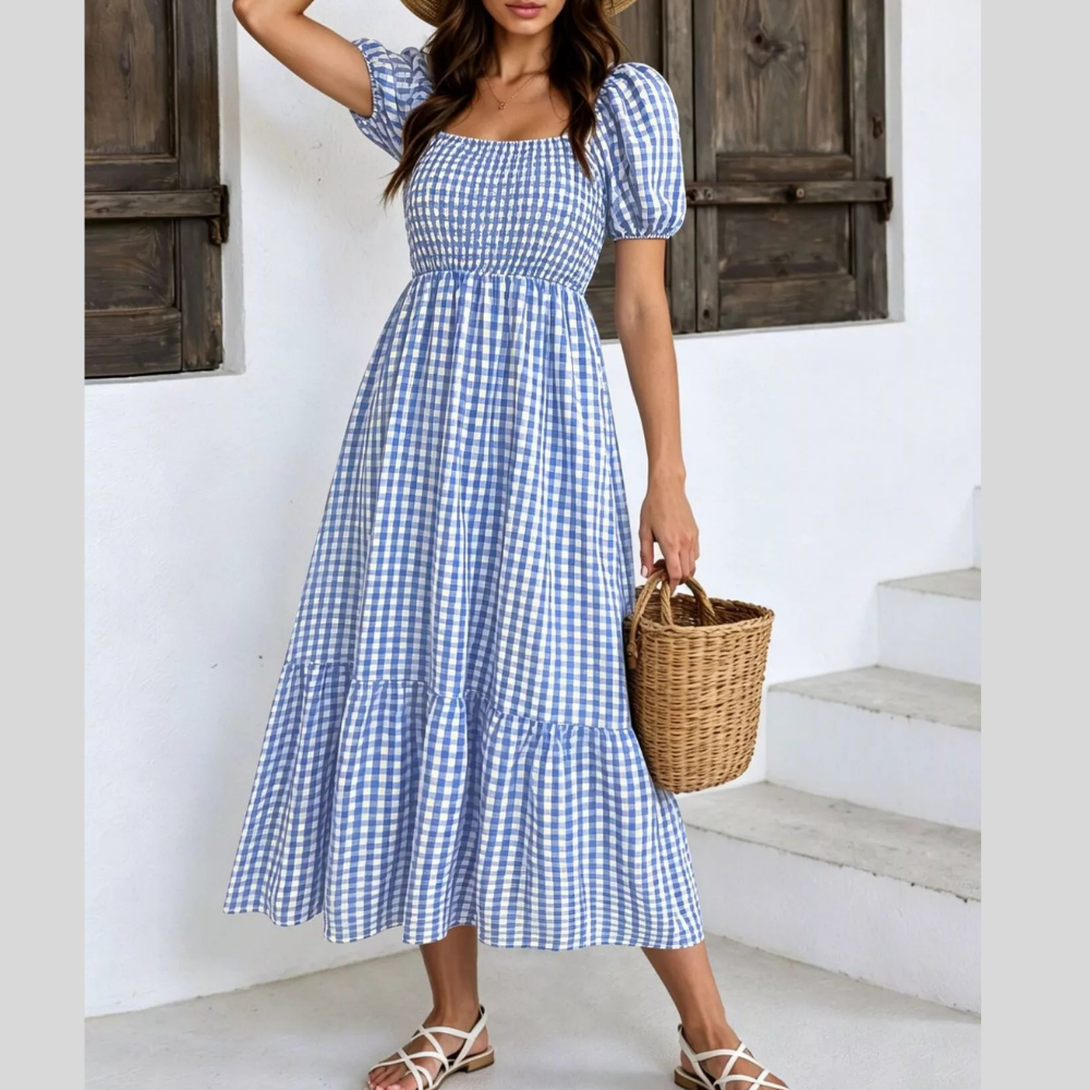 Gingham Smocked Puff Sleeve Midi Dress