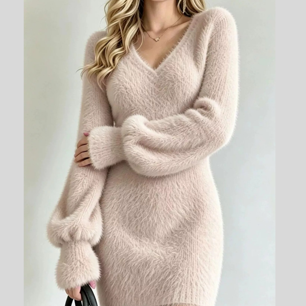 V-Neck Fuzzy Knit Sweater Dress