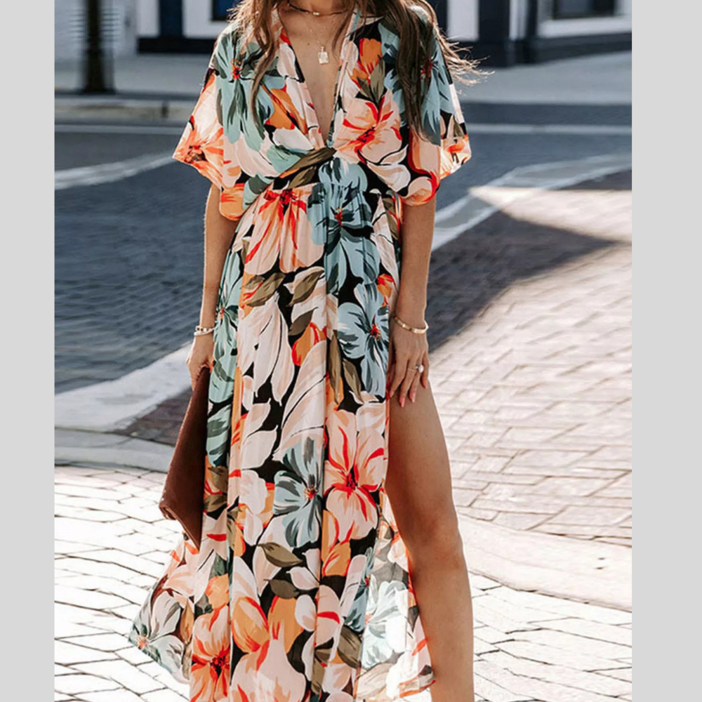 Floral Print V-Neck High Slit Maxi Dress