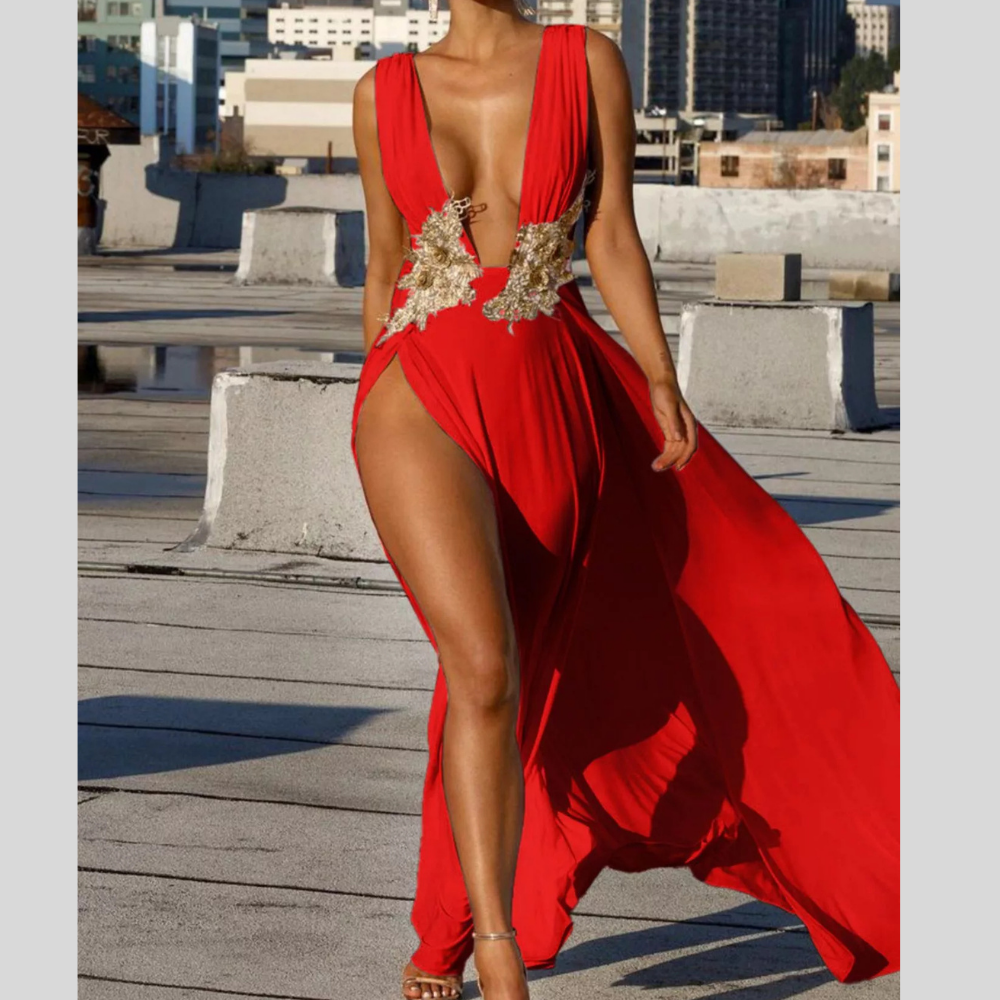 Deep V-Neck High Slit Maxi Dress