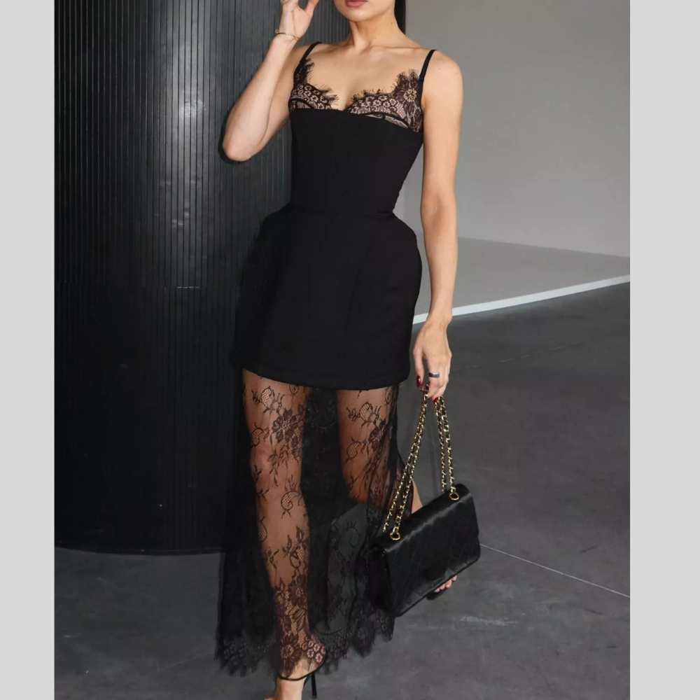 Lace Corset Mini Dress Set with Sheer Overlay