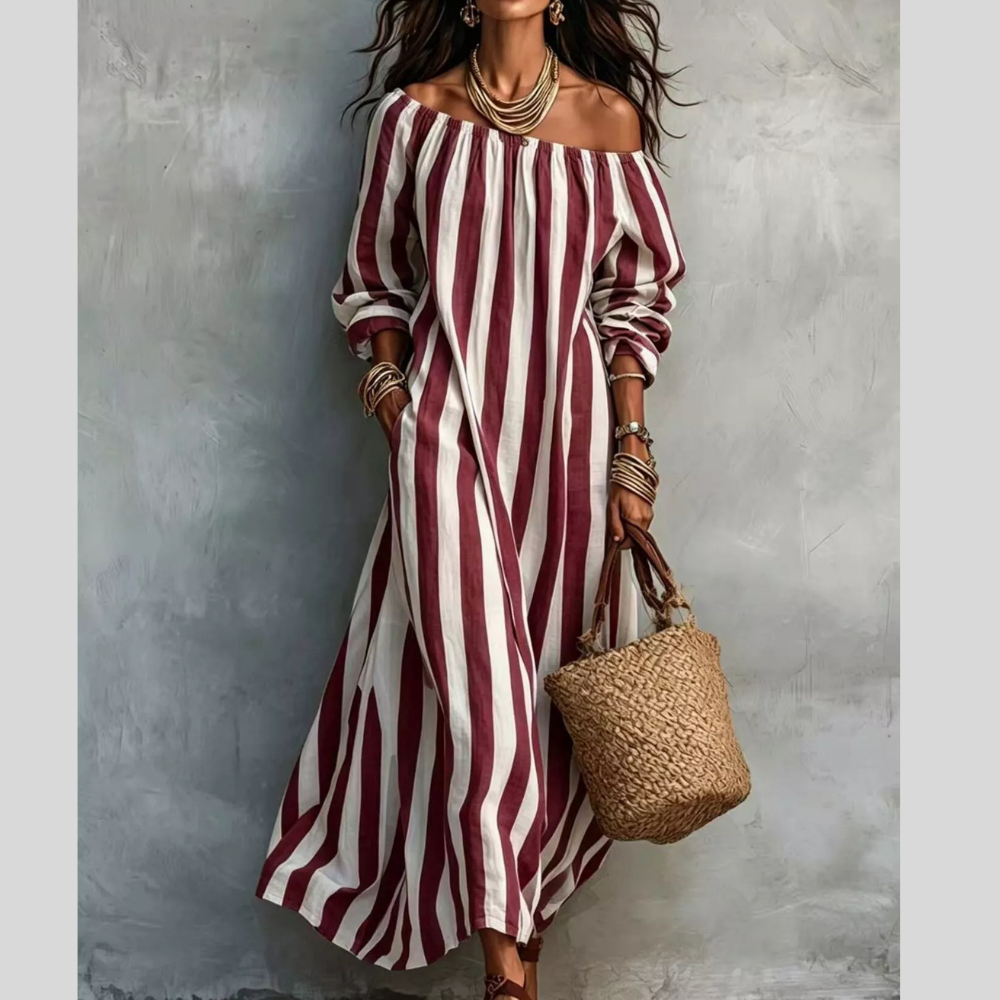 Off-Shoulder Striped Dress with Pockets