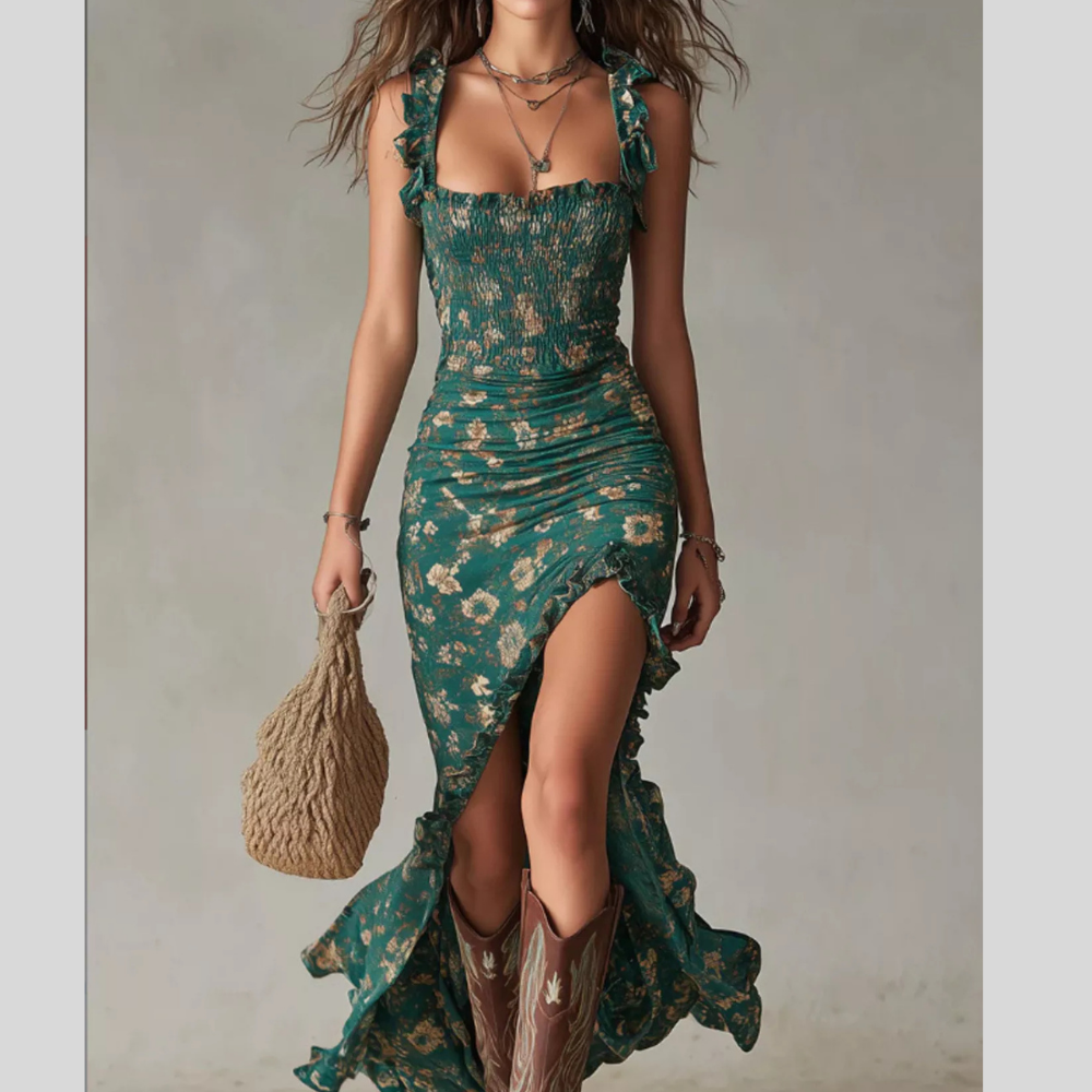 Full Size Floral Smocked Ruffle High-Low Maxi Dress Plus Size