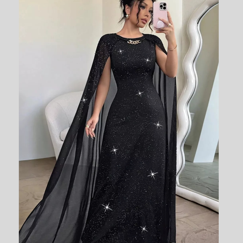Glitter Cape-Sleeve Maxi Dress