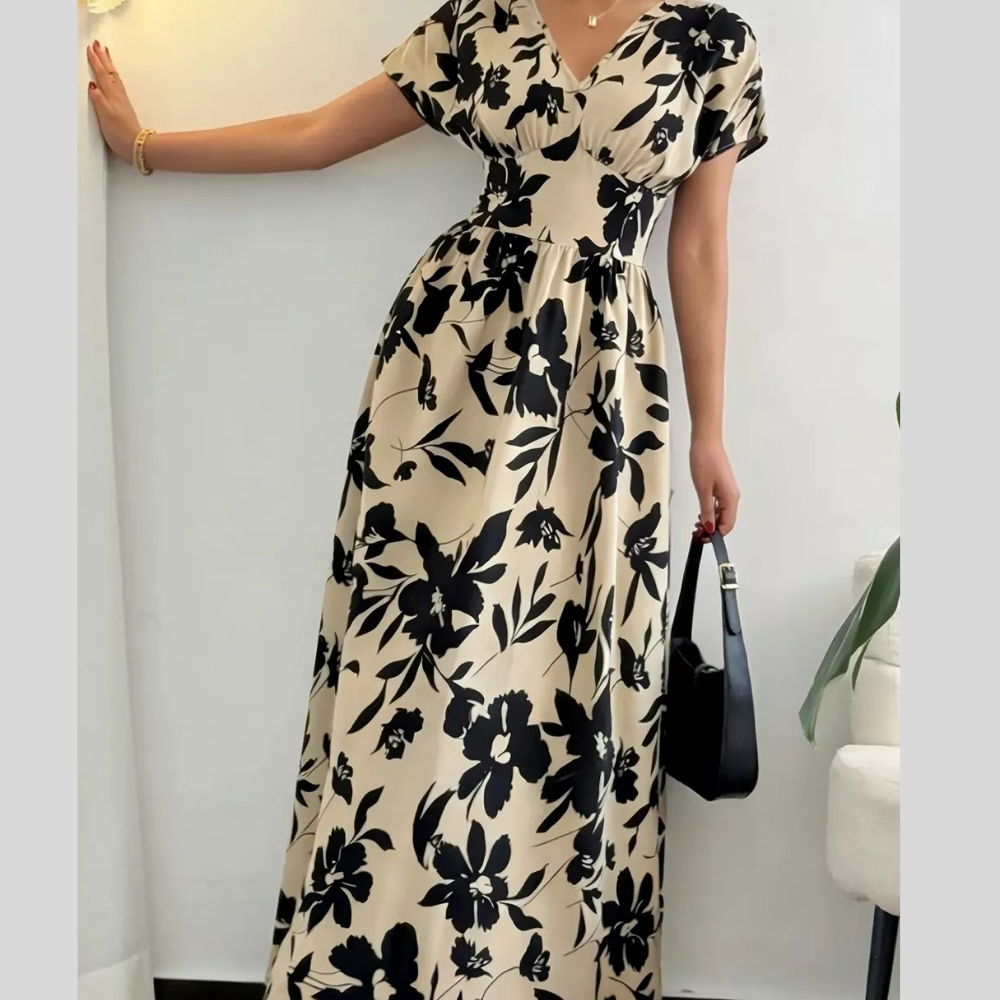 Floral Print Short Sleeve A-Line Maxi Dress