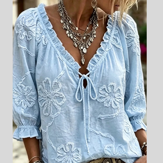 Full Size Flower Tie Front 3/4 Sleeve Blouse Plus Size