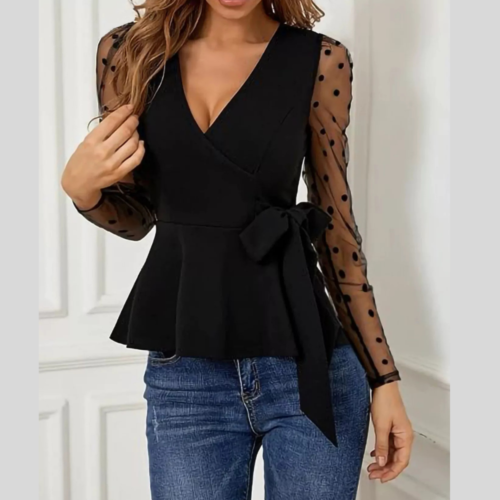 Polka Dot Mesh Sleeve Peplum Blouse
