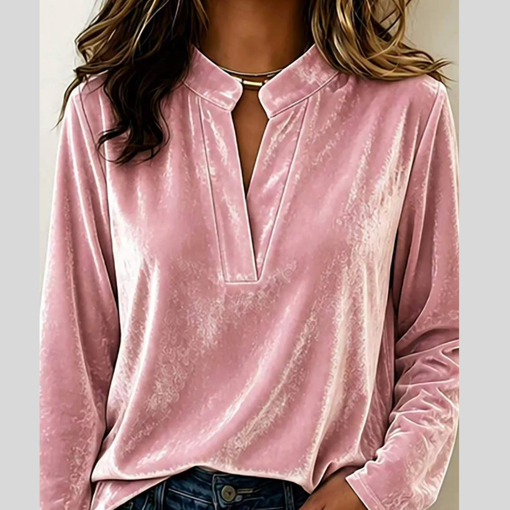 Full Size Velvet Notched Long Sleeve Top Plus Size
