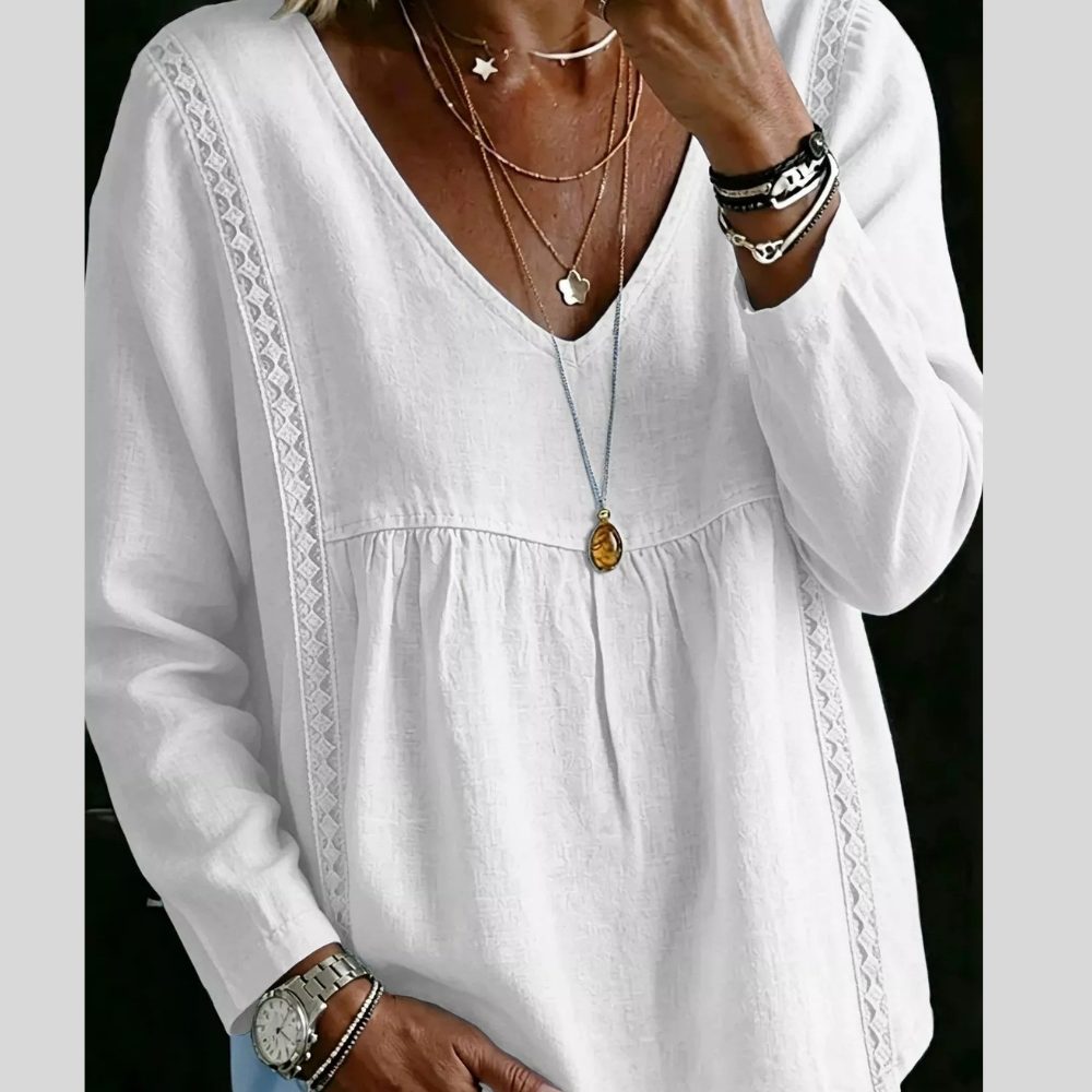 Full Size V-Neck Lace Trimmed Long Sleeve Blouse Plus Size
