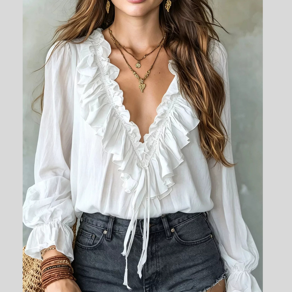 Ruffle V-Neck Long Sleeve Blouse