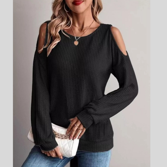 Solid Color Cold Shoulder Long Sleeve T-Shirt