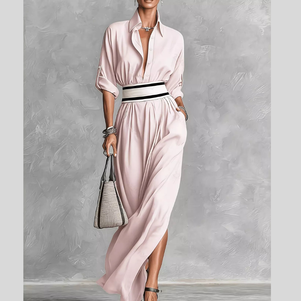 Slit Roll-Up Sleeve Maxi Dress