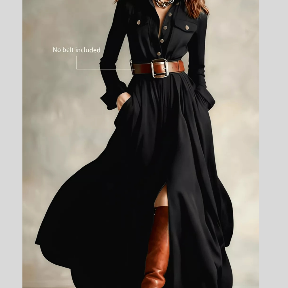 Slit Long Sleeve Maxi Shirt Dress