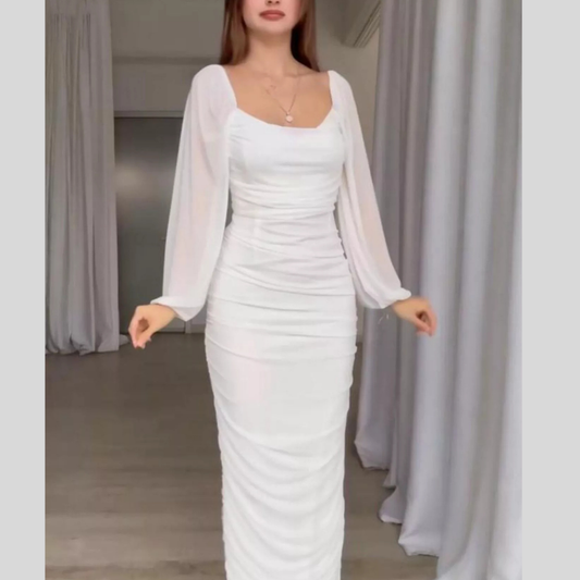 Ruched Sheer Long Sleeve Dress