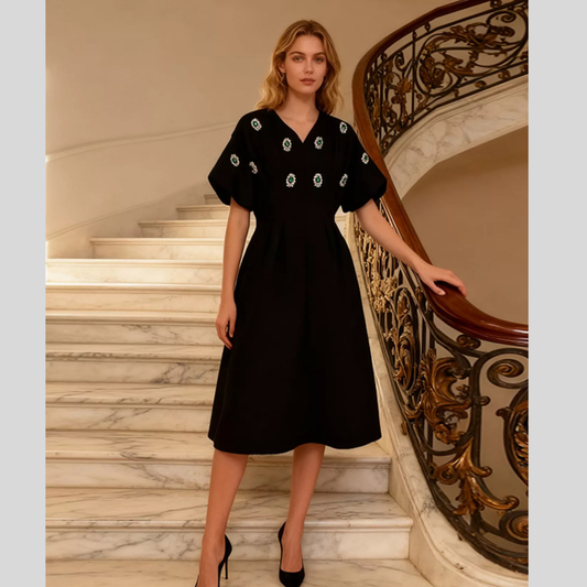 Embellished Puff Sleeve Midi Dress