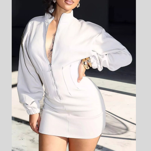 Casual Zip-Up Long Sleeve Mini Dress
