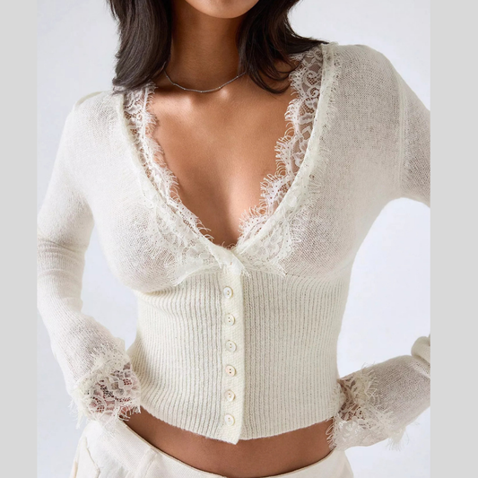 Lace-Trimmed V-Neck Button-Down Cardigan