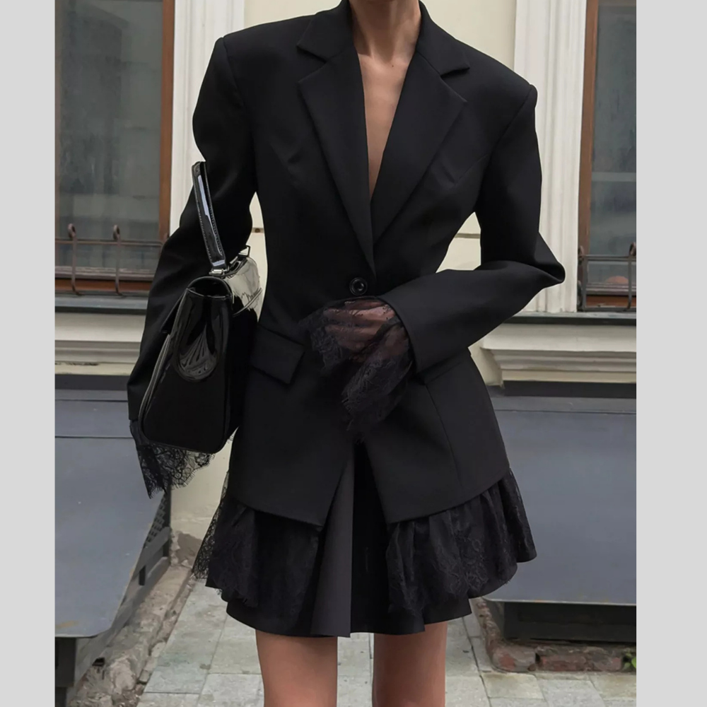 Lace Hem Lapel Collar Blazer